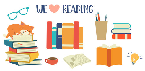 Collection of cat with a pile of book set. The pile of book set. A cute character of cat with the book.we love reading. element of book. cute cat in flat vector design style.