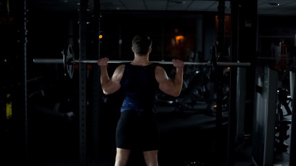 Fototapeta premium Bodybuilder doing exercise with barbell, training arms and shoulders muscles