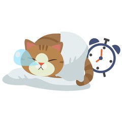 The character of cat sleeping on the white background. The cat sleeping and it have snot balloon form the nose. behide of the cat have clock.hope it have a sweet dream.a cute cat in flat vector style