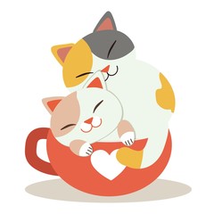 a character of cute cat sitting in the red cup.center of the red cup have white heart. cat look happy and relaxing. cute cat sitting in the red cup in flat vector style