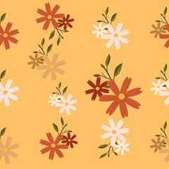 The Seamless pattern of flower and leaf on background. The seamless pattern flower. Seamless pattern leaf. shape of leaf.flower on orange background. white and red flower in flat vector style.