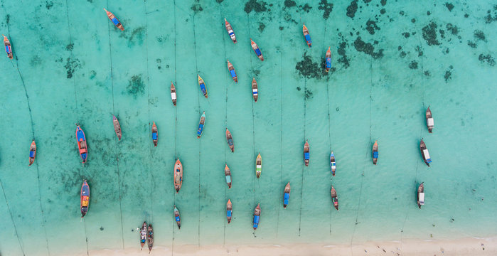 Aerial view of traditional boats in Koh Lipe Island, Thailand, Asia.