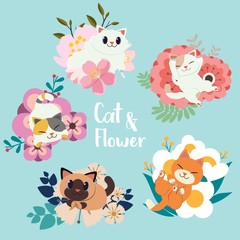 The collection of cute cat with flower set. some cat sleeping some cat just sitting on the big flower. They look happy. The character of cute cat in flat vector style