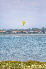 View of a professional male kitesurf sports practicing extreme sports Kiteboarding