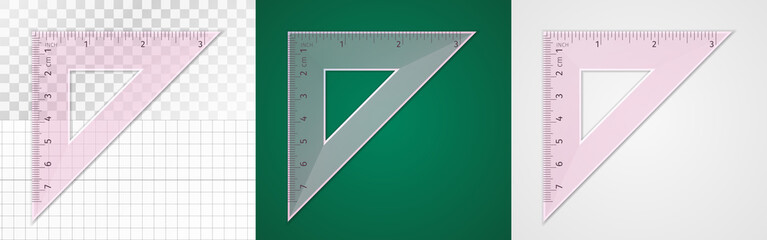 School supplies. Measuring tool. Pink plastic transparent equilateral triangular ruler 7 cm and 3 inch for drawing lines, especially 90 and 45 degrees. Application examples on different backgrounds