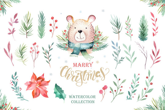 Watercolor cute baby bear cartoon animal portrait design. Winter holiday card on white background. New year decoration, merry christmas elements