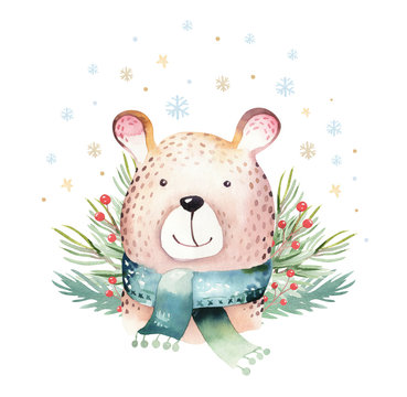 Watercolor cute baby bear cartoon animal portrait design. Winter holiday card on white background. New year decoration, merry christmas elements