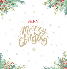 Watercolor christmas design composition of poinsettia, fir branches, cones, holly and other plants poster. Winter cover, invitation, banner lateral, greeting card.