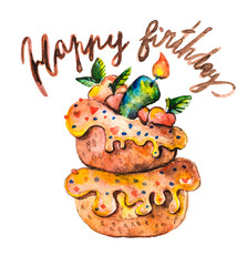 Cake fruit and candle. inscription birthday. Drawing watercolor on white background. Isolated object