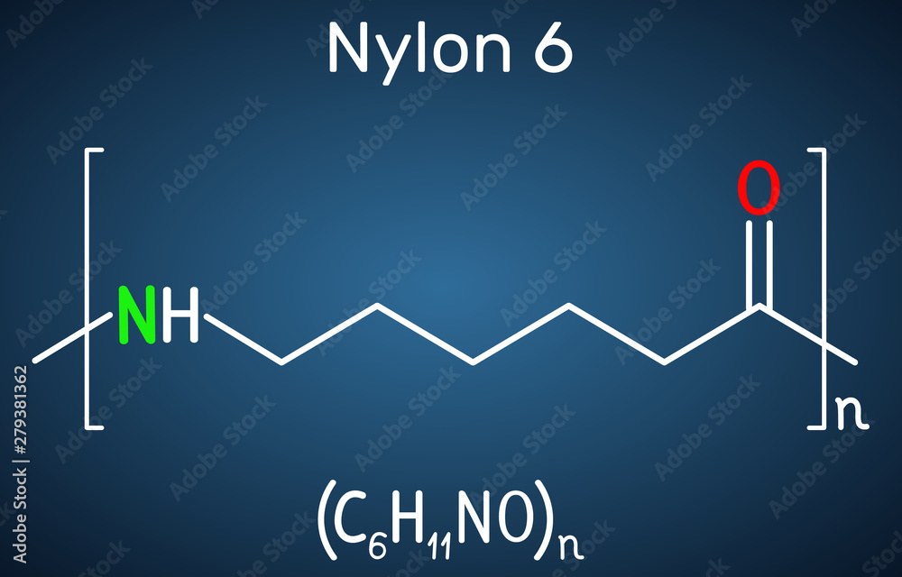 Wall mural nylon 6 or polycaprolactam polymer molecule. structural chemical formula on the dark blue background