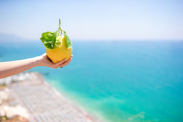 Big yellow lemon in hand in background of mediterranean sea and sky.