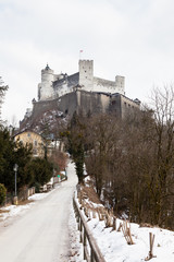 A mid winter view of Hohensalzburg Fortress, Salzburg, Austria.  The fortress sits atop the Festungsberg a small hill.
