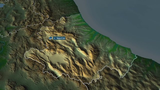 Abruzzo - region of Italy with its capital zoomed on the physical map of the globe. Animation 3D