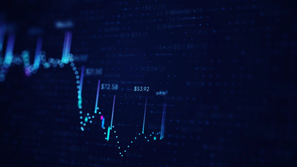 3D illustration of fnancial business chart with diagrams and stock numbers showing profits and losses over time dynamically
