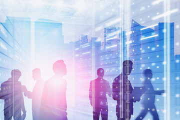 Businessmen in modern city, digital technology