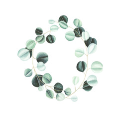 Watercolor eucalyptus wreath isolated on white background
