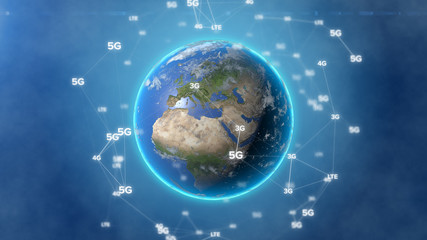 3D illustration of globe of Earth planet with cloud of digital around. Concept of big data