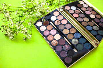 Palette of multicolor cosmetic make up with a mirror, eye shadow palette, colorful shadows minimalism, on green background