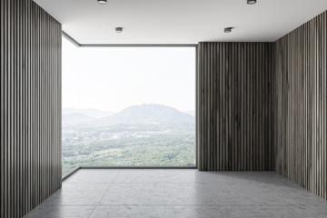 Empty dark wooden wall room interior with window