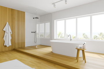 White and wooden bathroom corner, tub and shower