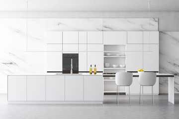 White marble kitchen interior, island and cupboard