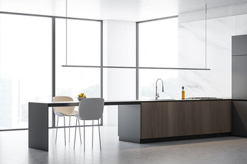 White marble kitchen corner with island