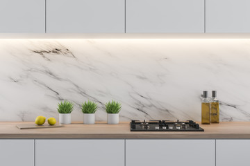White marble kitchen with gray countertops - obrazy, fototapety, plakaty