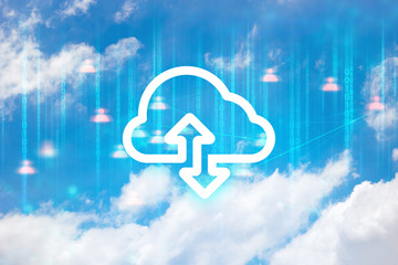 social network connect, sky backround, futuristic technology, data deep learning, binary ai robotic system, hacker security privacy, server online, cloud storage icon