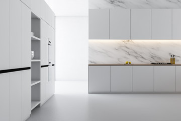 White marble kitchen interior with table