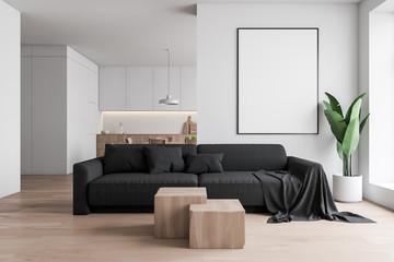 White living room and kitchen interior