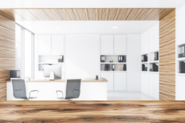 White and wood manager office interior, blur