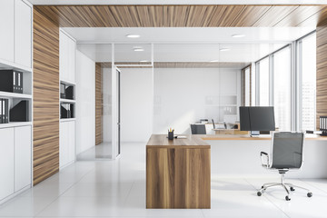 White and wood manager office with bookcase
