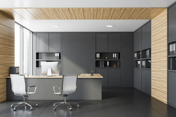 Gray and wood manager office interior