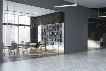 Gray meeting room with bookcase