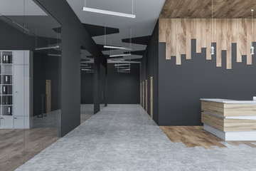 Gray and wooden office hall with reception