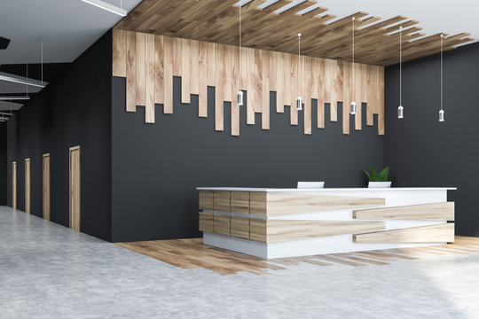 Gray and wooden office hall corner, reception desk