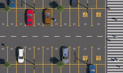 Car parking lot with road markings and numbering parking spaces. Parking with cars, people, pedestrians and pedestrian crossing. Top view. 3D render. - obrazy, fototapety, plakaty