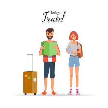 People couple character traveling in summer holidays with travel bag.
