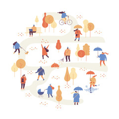 Autumn park landscape. Different People in warm clothes having fun outdoors in urban park. Colorful Autumn park flat vector illustration. Autumn park with people illustration. 