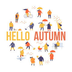 Autumn park landscape. Different People in warm clothes having fun outdoors in urban park. Colorful Autumn park flat vector illustration. Autumn park with people illustration. 