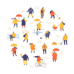 Autumn park landscape. Different People in warm clothes having fun outdoors in urban park. Colorful Autumn park flat vector illustration. Autumn park with people illustration. 