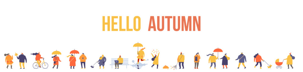 Autumn park landscape. Different People in warm clothes having fun outdoors in urban park. Colorful Autumn park flat vector illustration. Autumn park with people horizontal banners. 