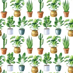 Zelfklevend Fotobehang Planten in pot Aquarel naadloos patroon met huisplanten in kleipotten en stromand.