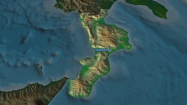Calabria - region of Italy with its capital zoomed on the physical map of the globe. Animation 3D