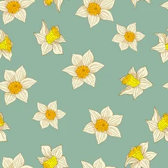 Fototapeten Seamless pattern with white daffodils. Endless texture with white spring flowers on light blue background © Olga Shvetsova