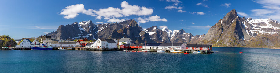 Hamnoy Village on the Lofoten Islands, Reinefjord,  Norway. Panoramic Shot,  Mountain In Background