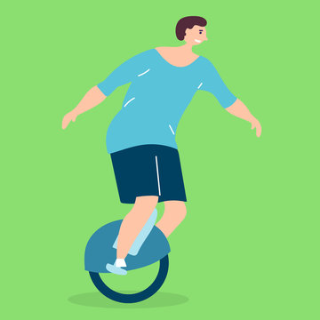 Young hipster guy rides on a mono-wheel. Eco-friendly transport. Vector editable file eps 10