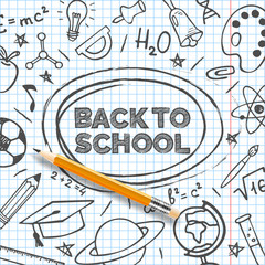 Back to school banner template. Hand drawn educational supplies on list sheet and a pencil