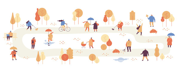 Autumn park landscape. Different People in warm clothes having fun outdoors in urban park. Colorful Autumn park flat vector illustration. Autumn park with people horizontal banners.