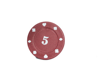 poker chip in red, with a value of 5, isolated on white background; game concept